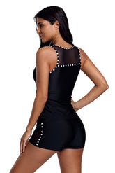 Black Mesh Mixed Boyshort Two-piece Tankini Swimsuit